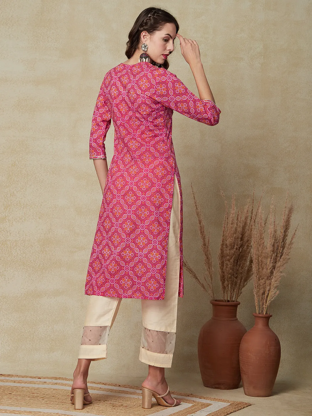 Bandhani Printed Zari, Resham & Mirror Embroidered Kurta - Pink