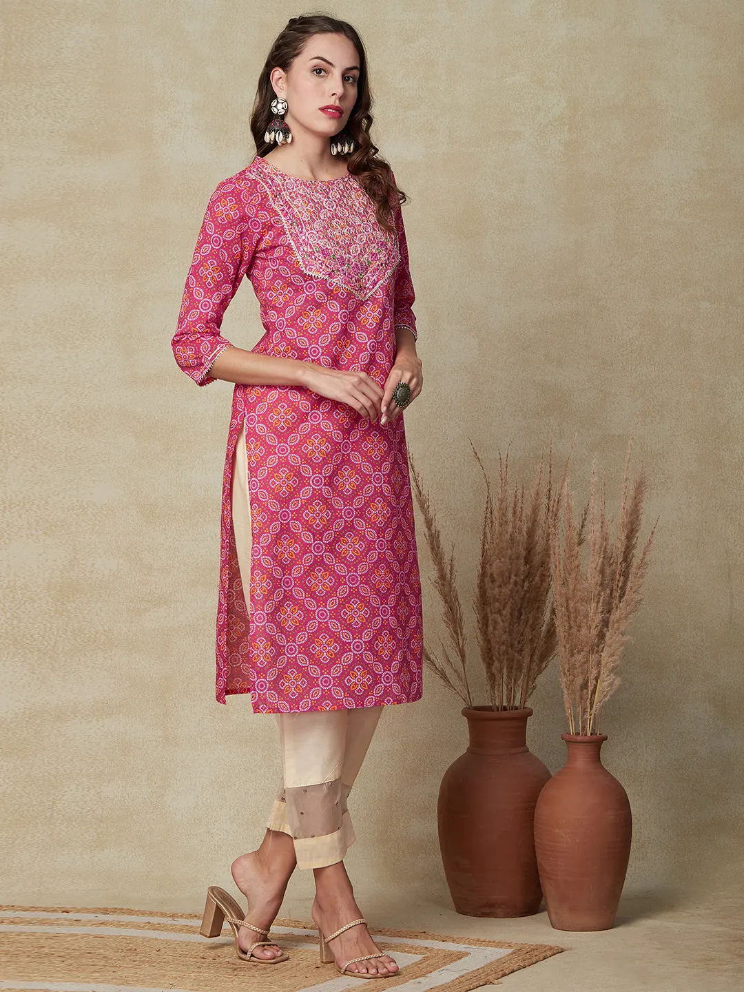 Bandhani Printed Zari, Resham & Mirror Embroidered Kurta - Pink