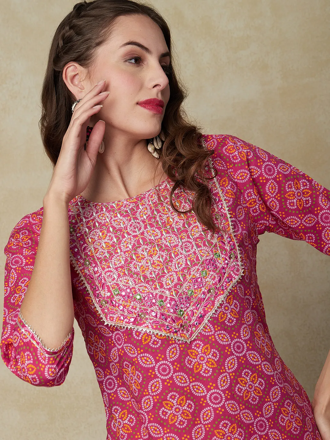 Bandhani Printed Zari, Resham & Mirror Embroidered Kurta - Pink