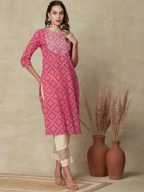 Bandhani Printed Zari, Resham & Mirror Embroidered Kurta - Pink