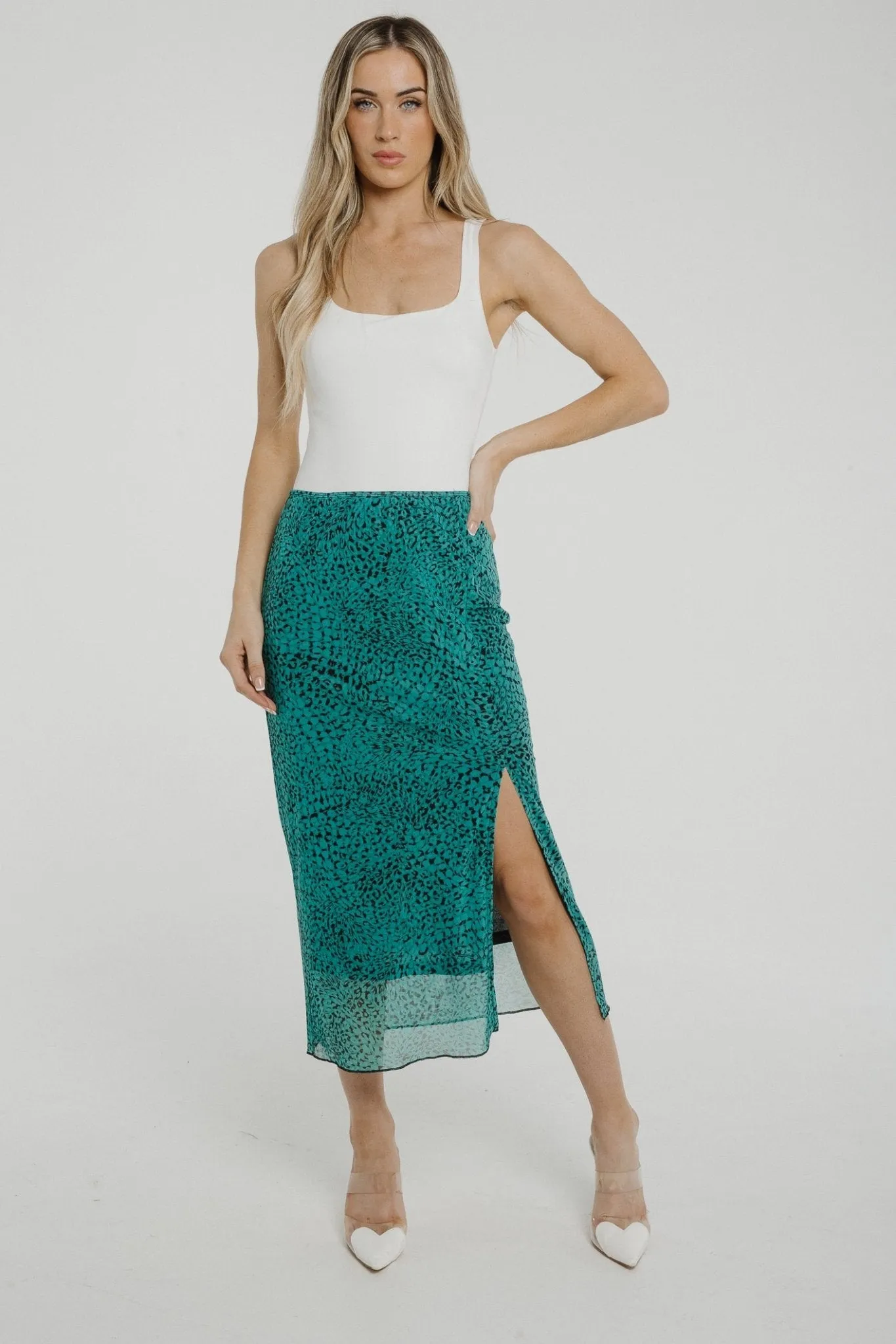 Becca Mesh Midi Skirt In Green Print