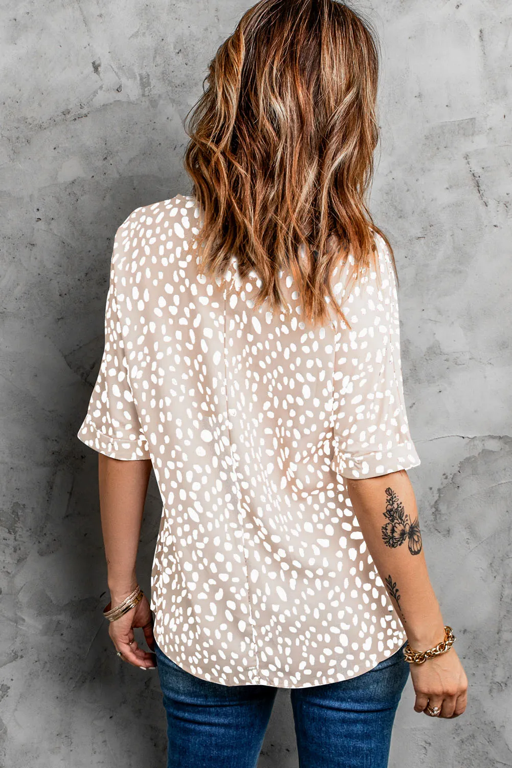 Beige Animal Print Rolled Sleeve Tunic Top