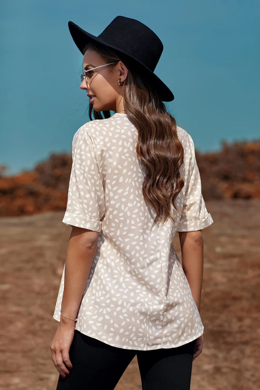 Beige Animal Print Rolled Sleeve Tunic Top