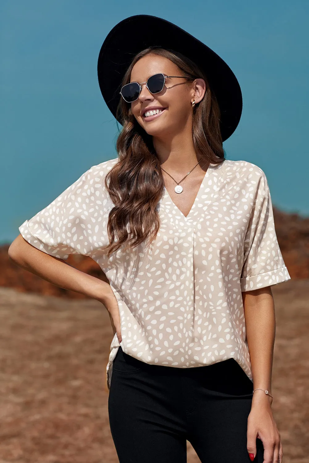 Beige Animal Print Rolled Sleeve Tunic Top