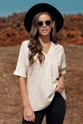 Beige Animal Print Rolled Sleeve Tunic Top