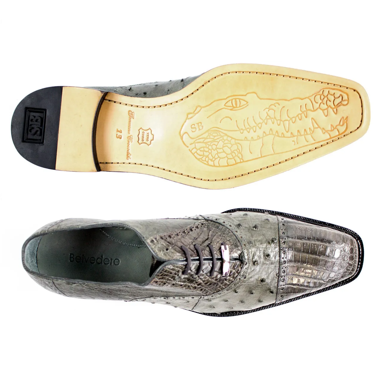 Belvedere Onesto Grey Ostrich & Crocodile Men's Oxford