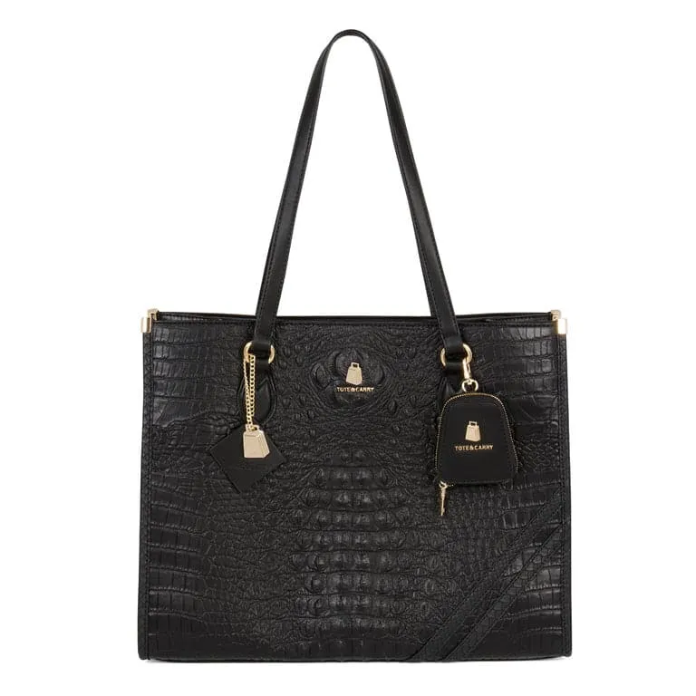 Black Apollo 2 Faux Crocodile Skin Tote Bag