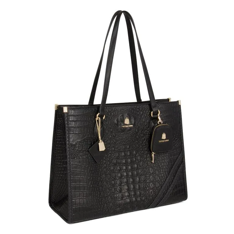 Black Apollo 2 Faux Crocodile Skin Tote Bag