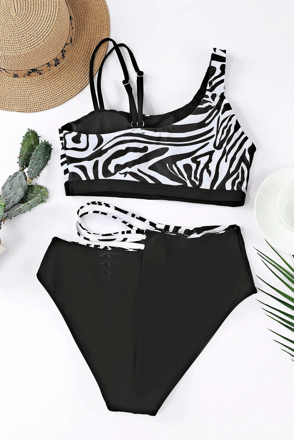 Black Asymmetric Zebra Print Strappy Bikini Set