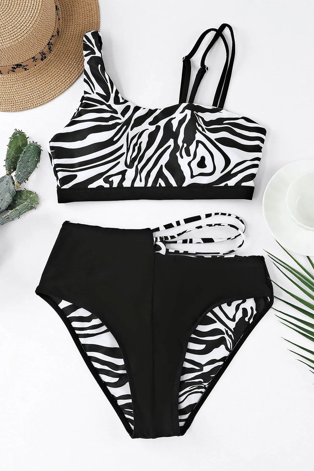 Black Asymmetric Zebra Print Strappy Bikini Set