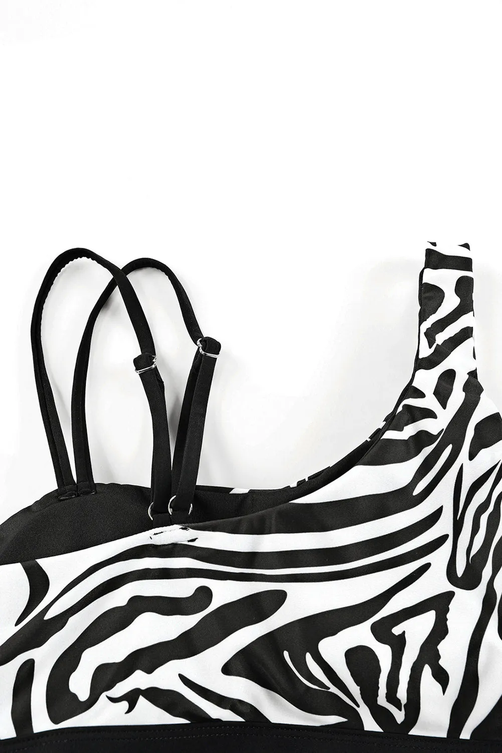 Black Asymmetric Zebra Print Strappy Bikini Set