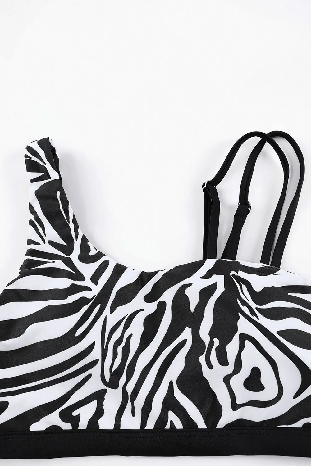 Black Asymmetric Zebra Print Strappy Bikini Set