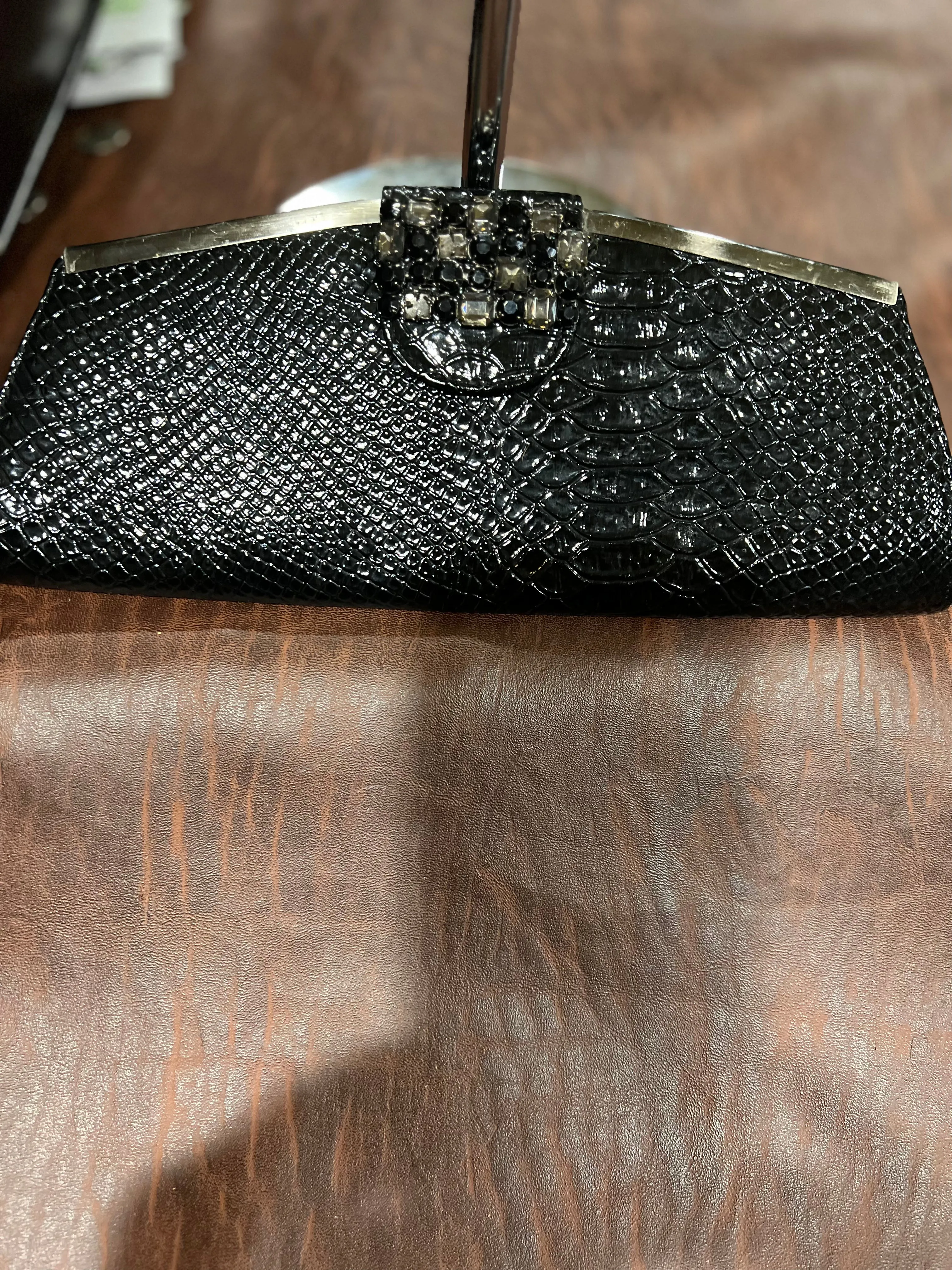 Black Crocodile Print Evening Bag