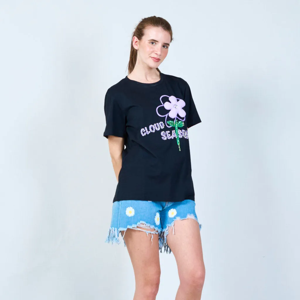 Black floral motif graphic t-shirt wholesale