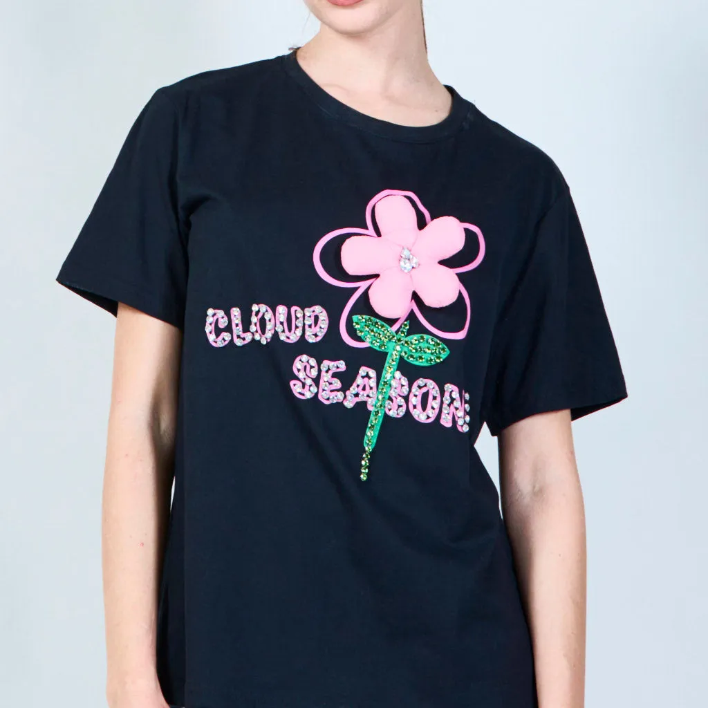 Black floral motif graphic t-shirt wholesale