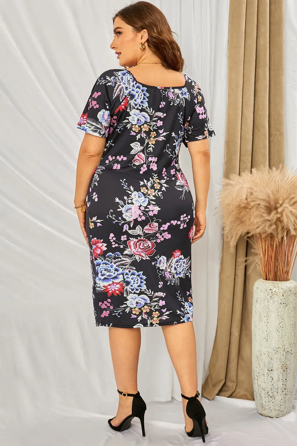 Black Floral Slim Fit Plus Size Midi Dress