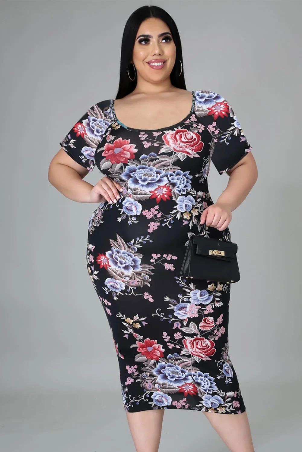 Black Floral Slim Fit Plus Size Midi Dress