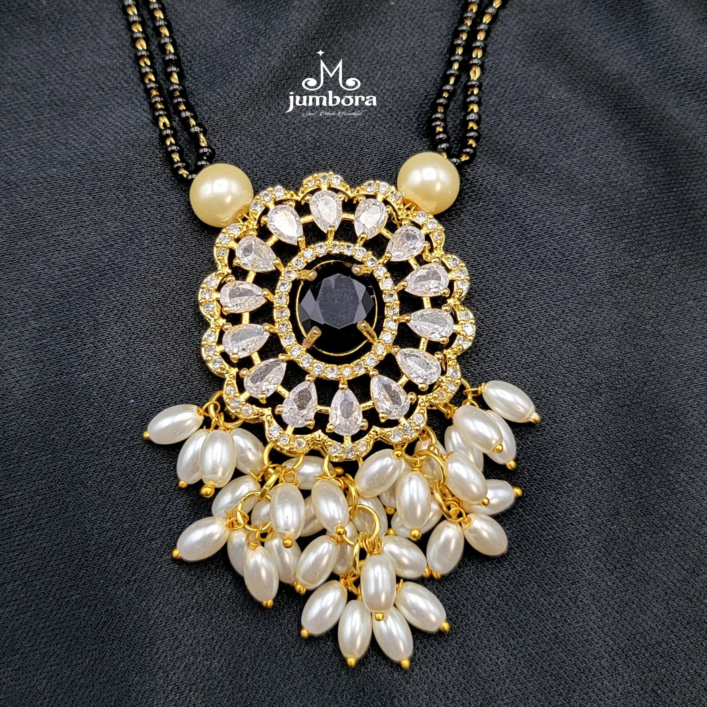 Black Mangalsutra Necklace with Guttapusalu AD Zircon Pendant