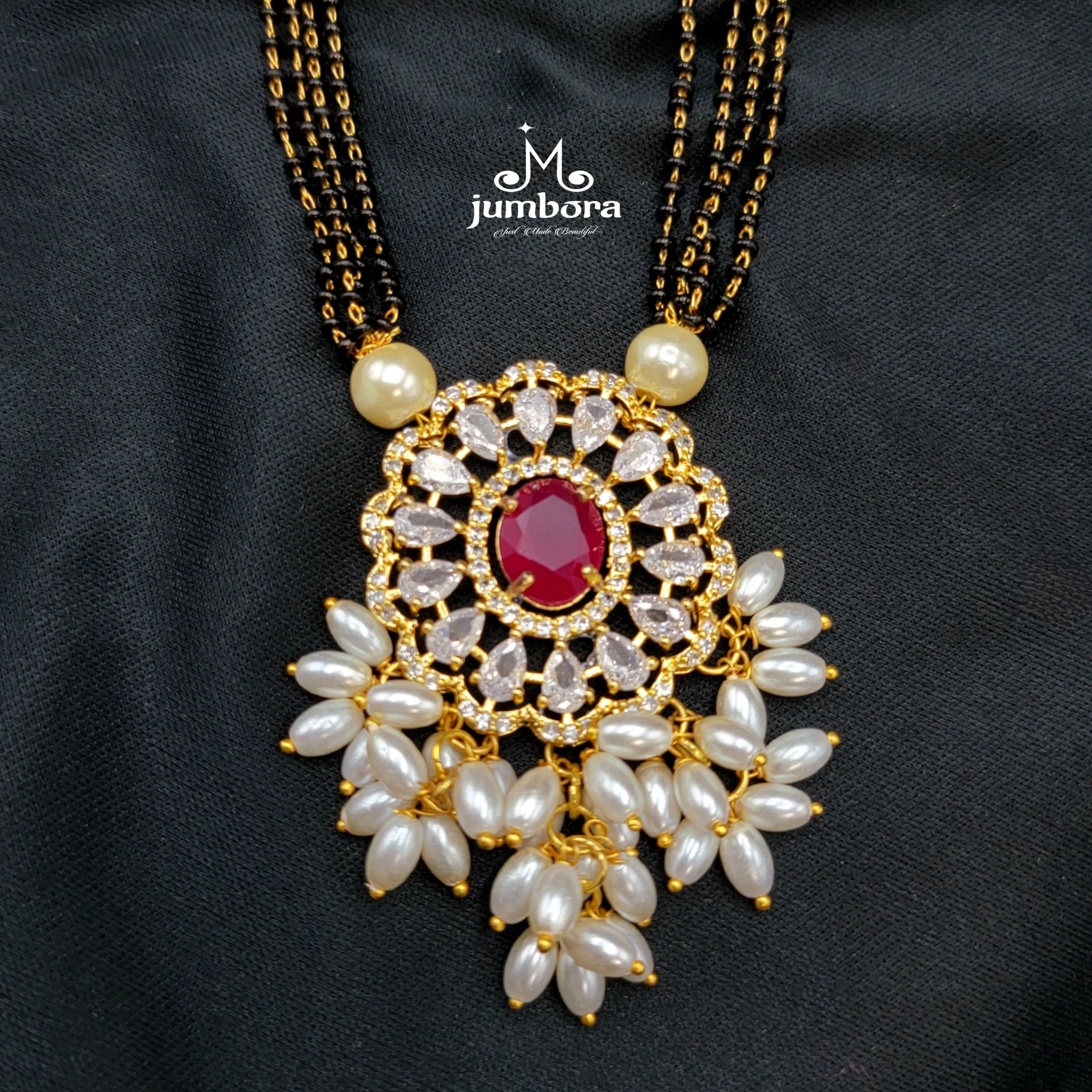 Black Mangalsutra Necklace with Guttapusalu AD Zircon Pendant