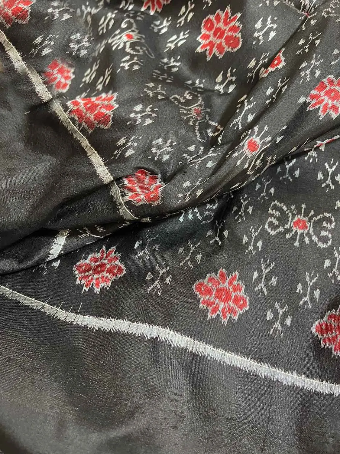 Black Sambalpuri Ikat Handloom Pure Silk Fabric ( 1 Mtr )