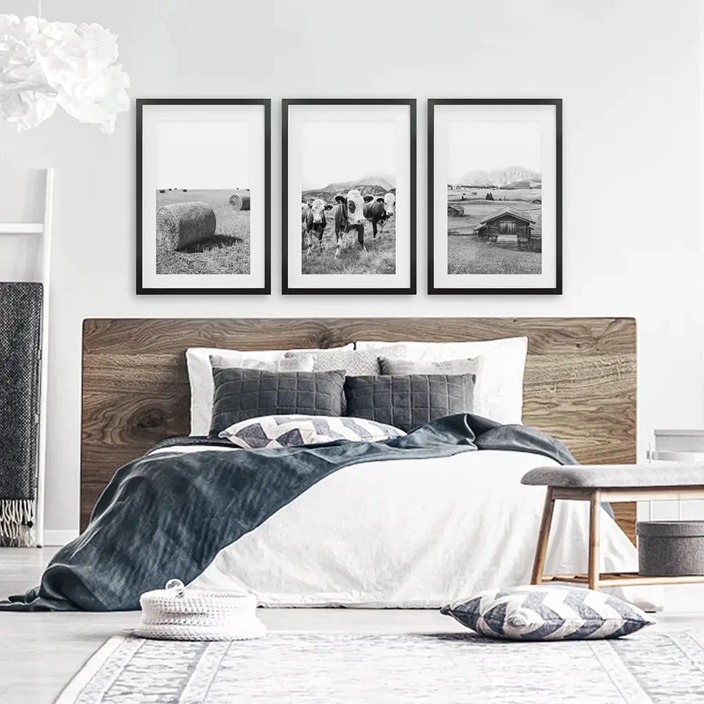 Black White Rustic Photo. Wall Art Set. Cows, Barn, Haystack