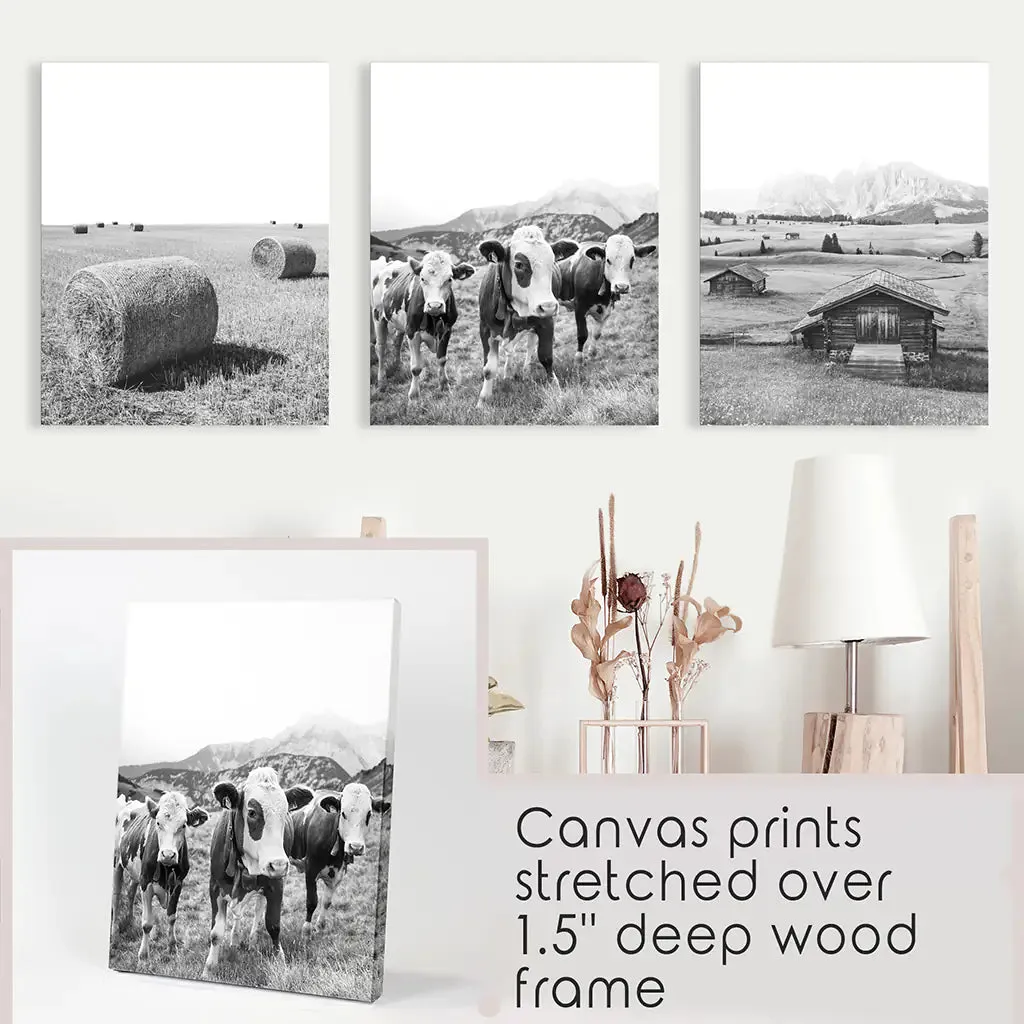 Black White Rustic Photo. Wall Art Set. Cows, Barn, Haystack