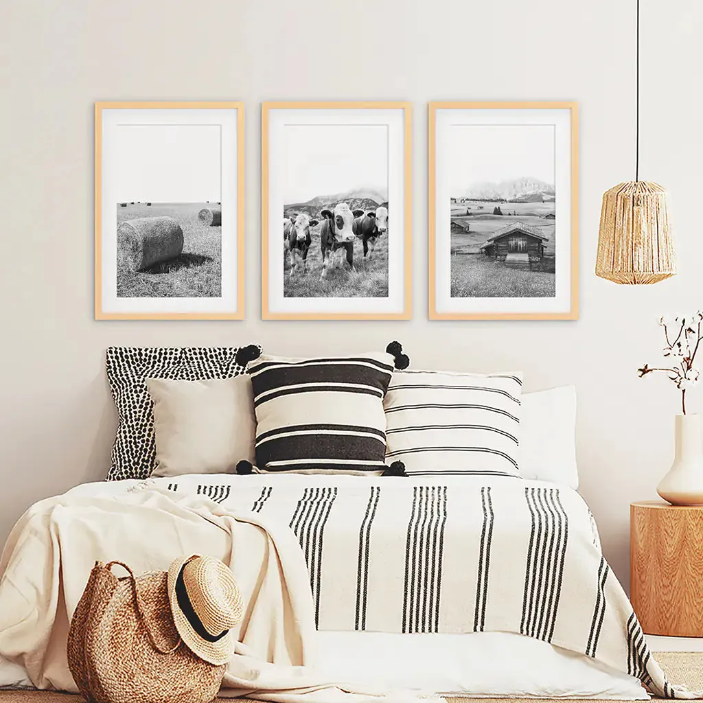 Black White Rustic Photo. Wall Art Set. Cows, Barn, Haystack