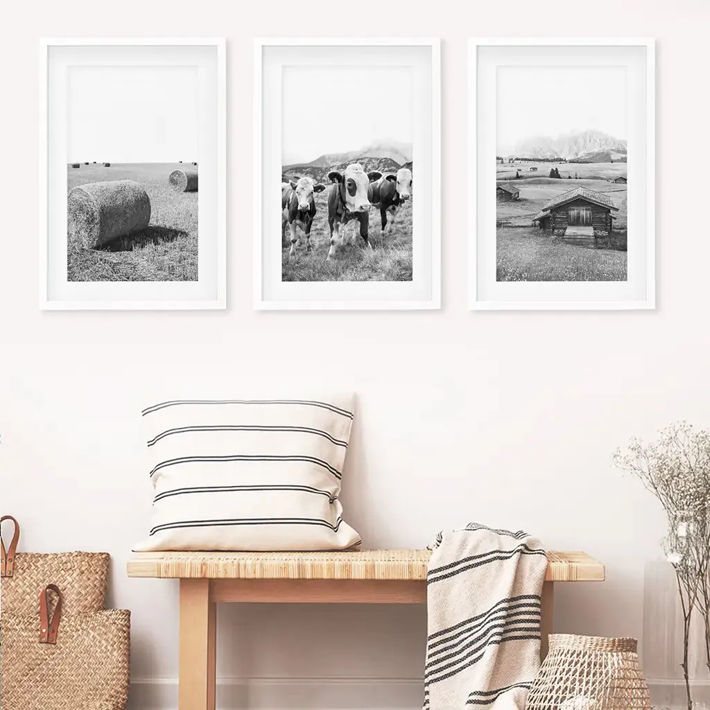 Black White Rustic Photo. Wall Art Set. Cows, Barn, Haystack