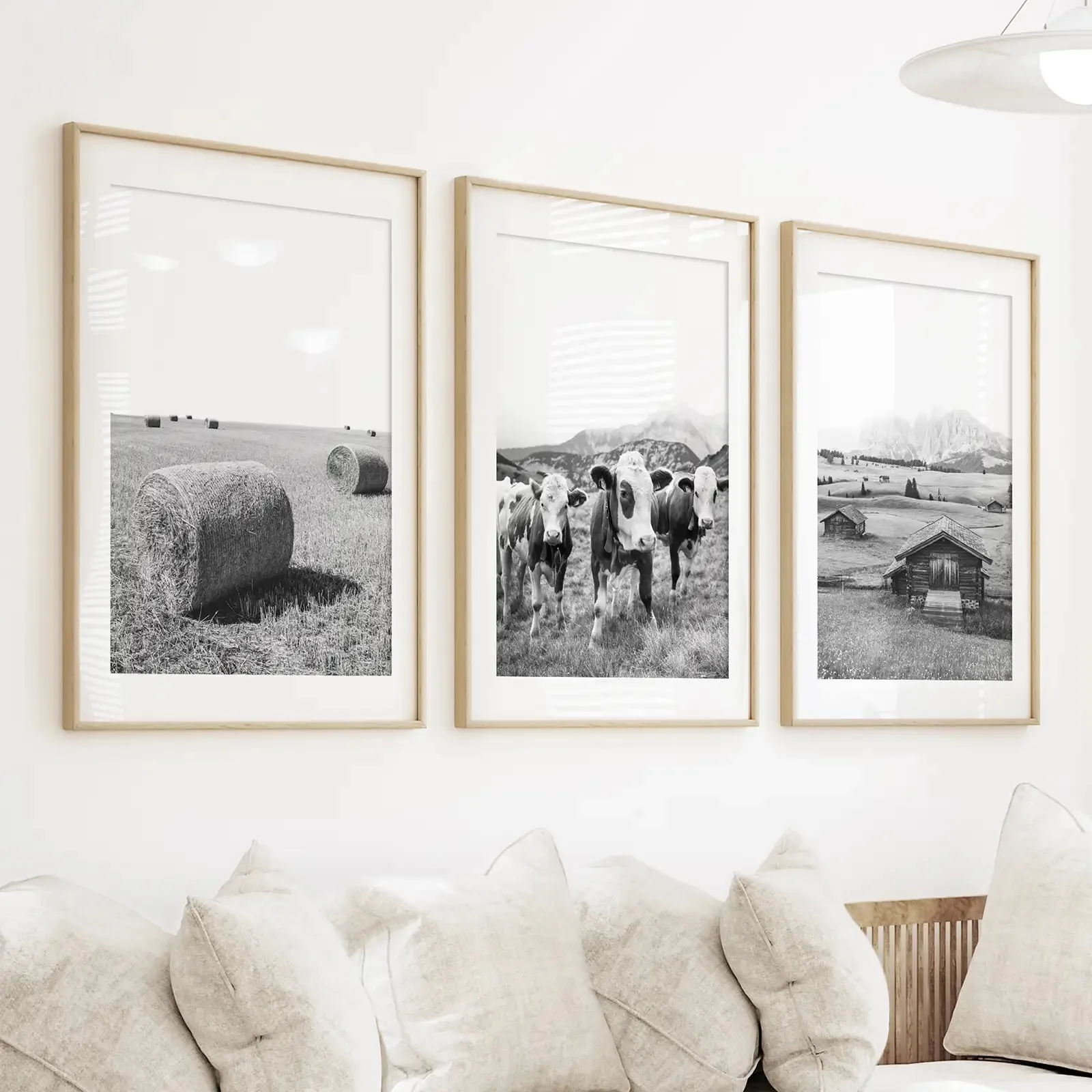 Black White Rustic Photo. Wall Art Set. Cows, Barn, Haystack