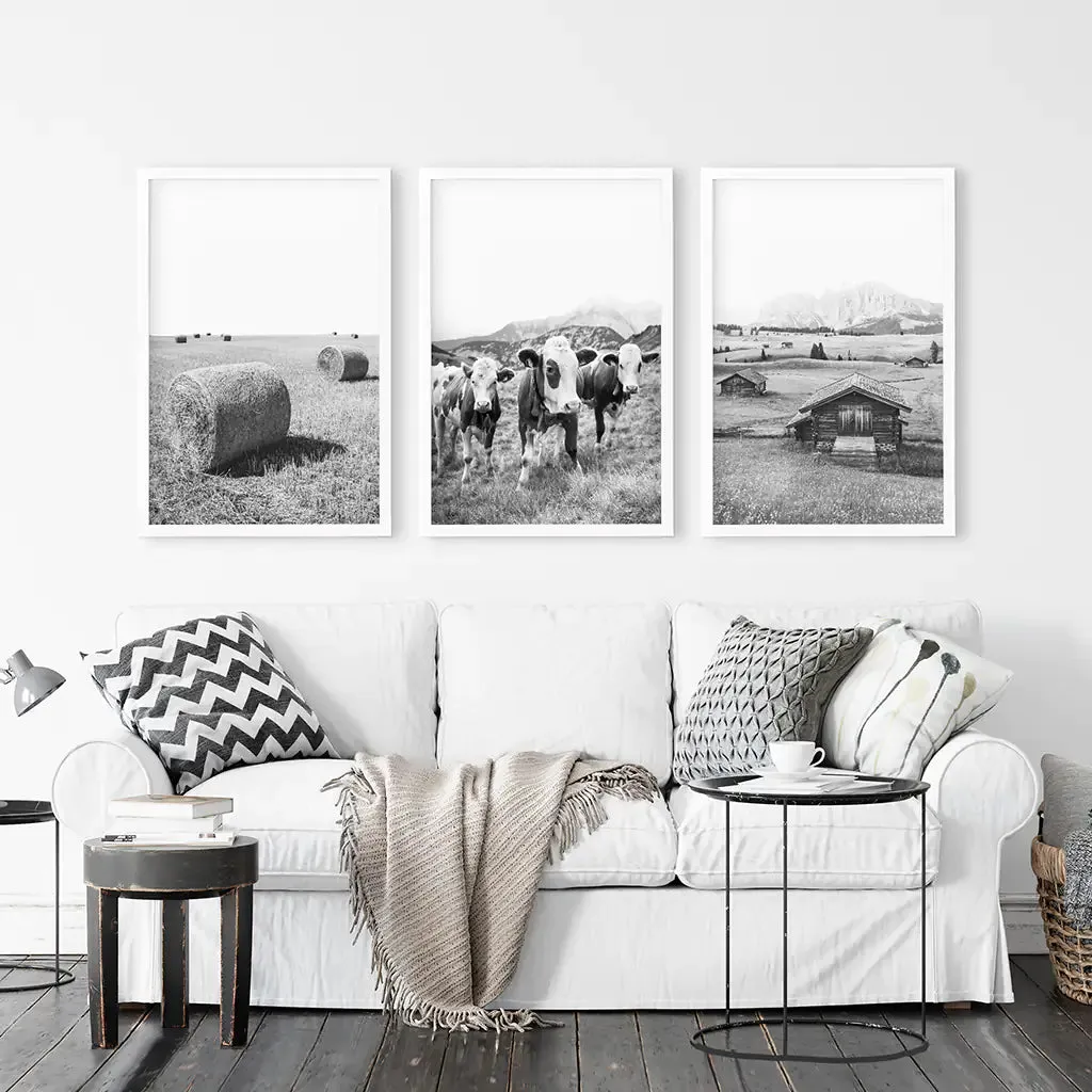 Black White Rustic Photo. Wall Art Set. Cows, Barn, Haystack