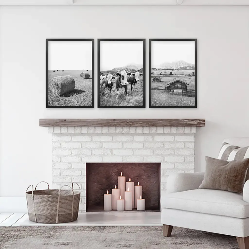 Black White Rustic Photo. Wall Art Set. Cows, Barn, Haystack