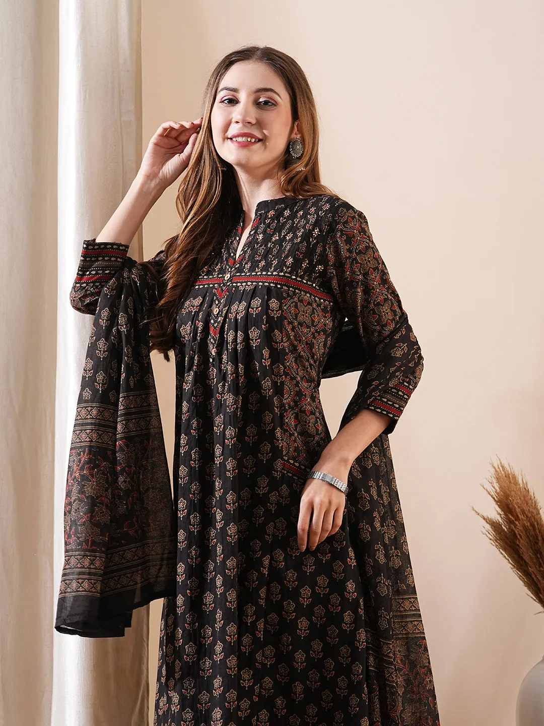 Block Printed Mirror & Sequins Embroidered Kurta with Pants & Dupatta - Coffee Brown