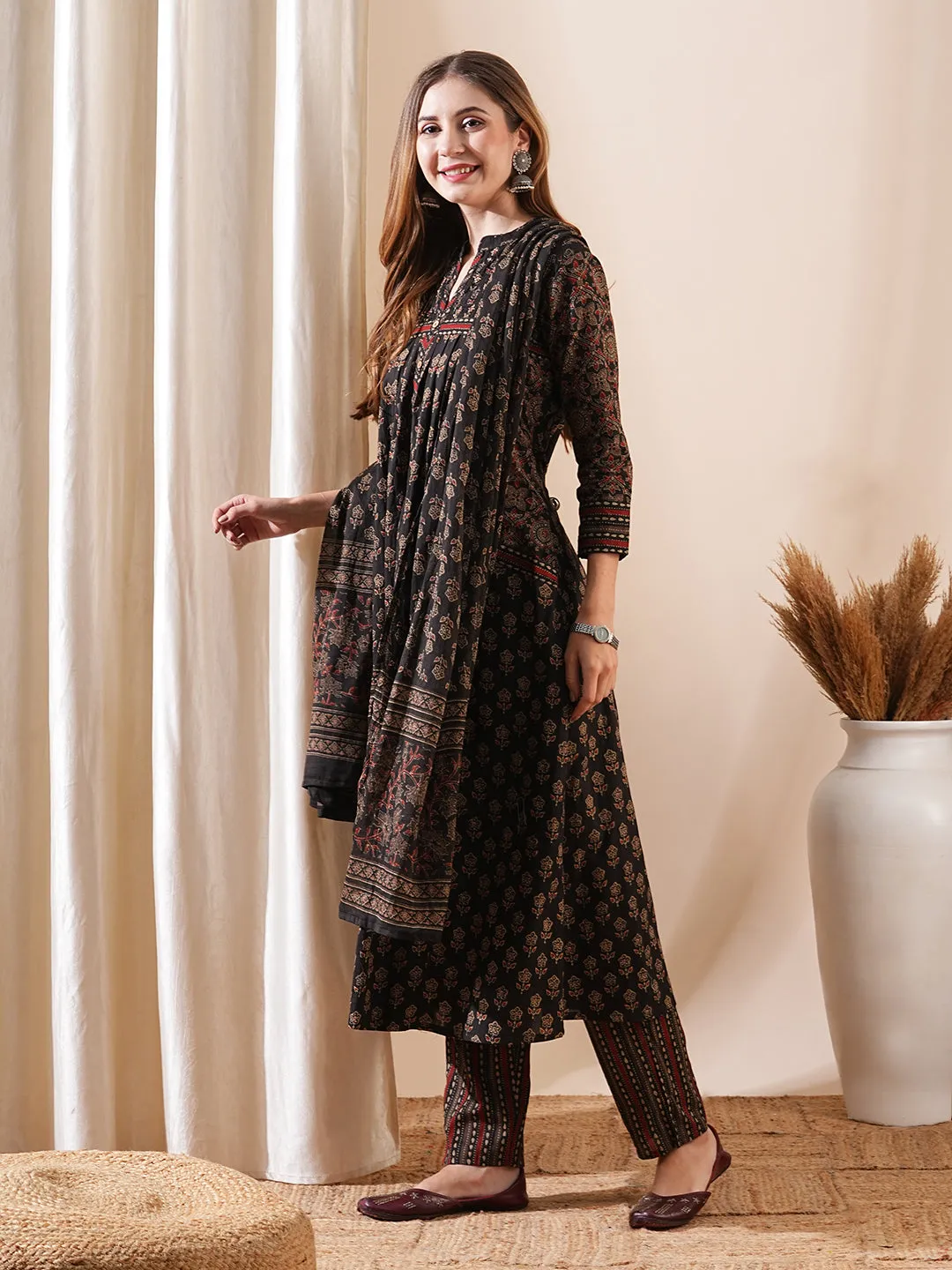 Block Printed Mirror & Sequins Embroidered Kurta with Pants & Dupatta - Coffee Brown