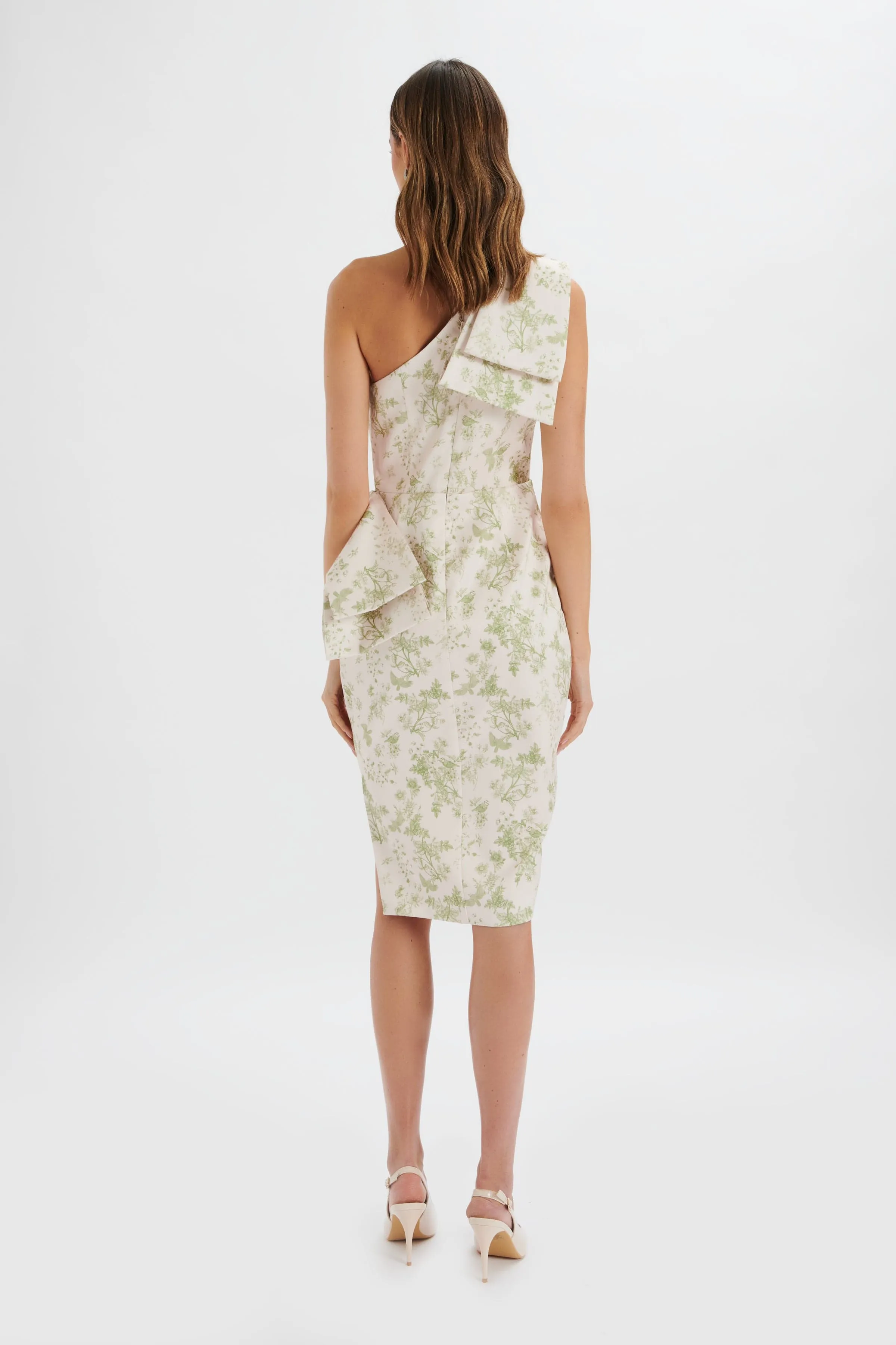 BLOOM One Shoulder Bow Detail Satin Midi Dress in Green Porcelain Print