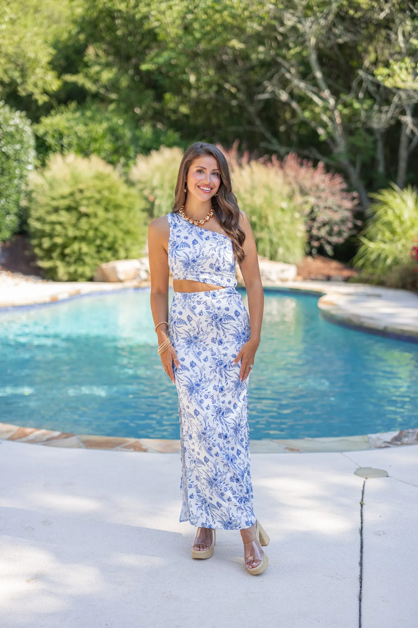 Blue Floral One Shoulder Maxi Dress