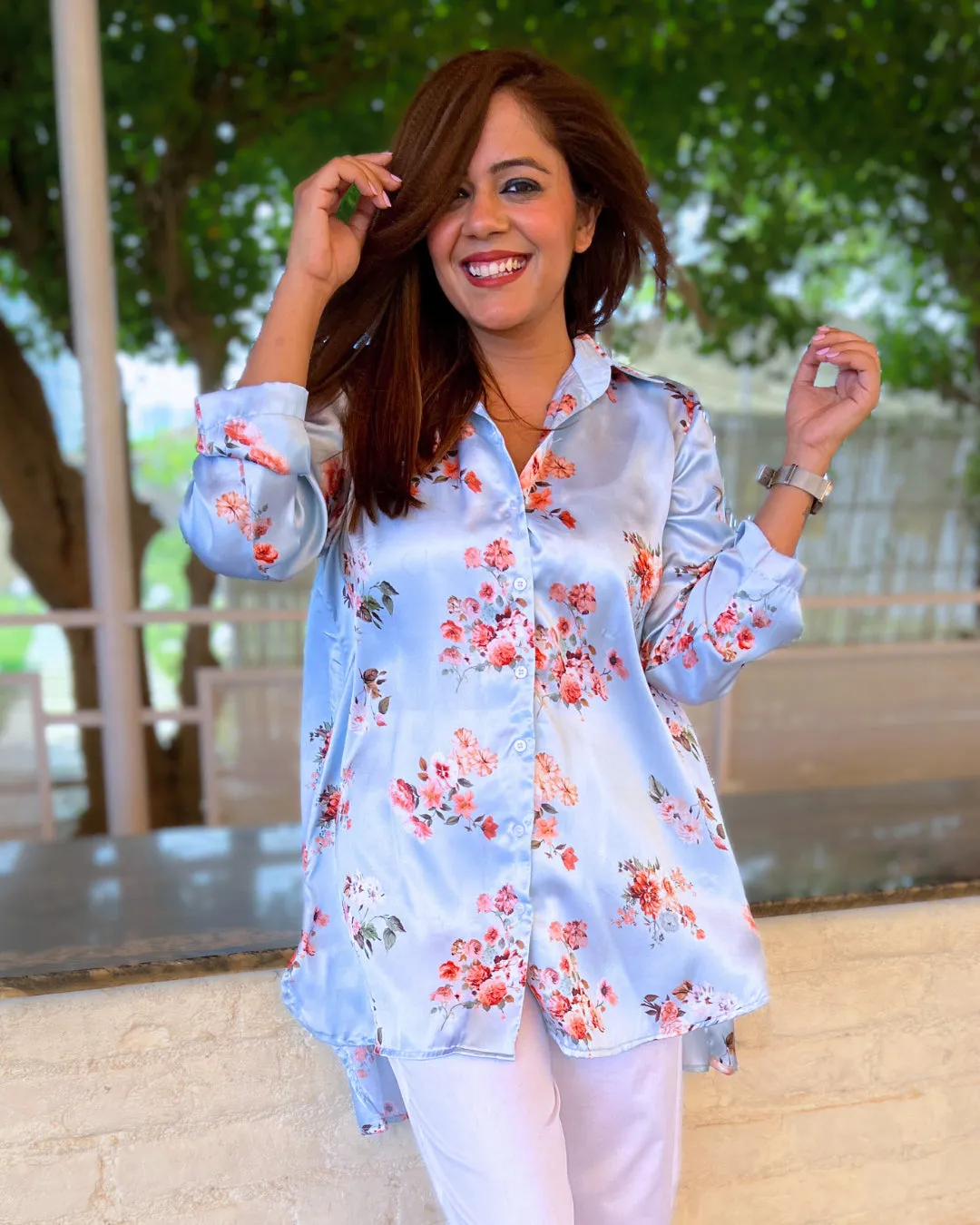 Blue Mist Floral Printed Satin Aline Shirt