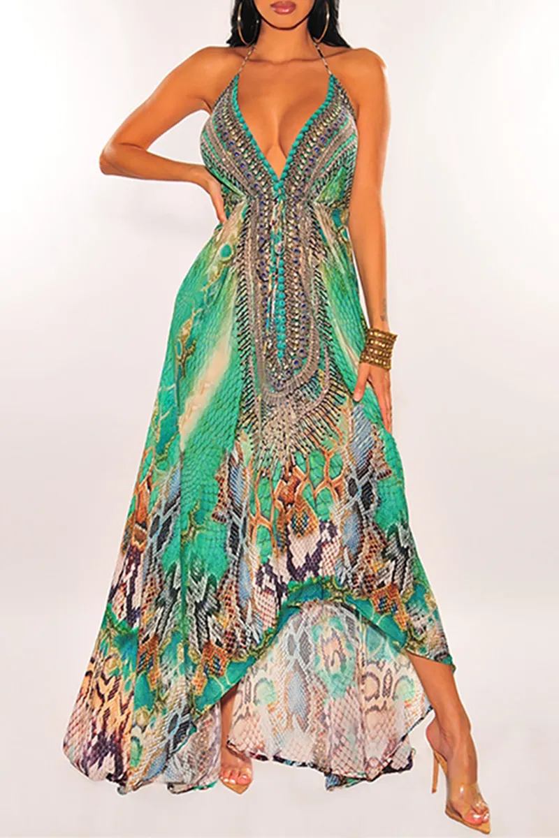 Bohemian Print Split Joint Spaghetti Strap Irregular Dress Dresses