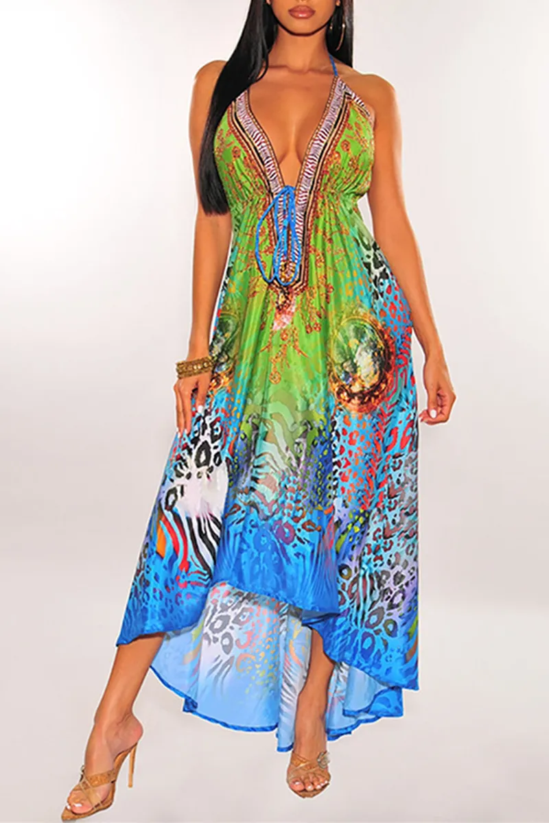 Bohemian Print Split Joint Spaghetti Strap Irregular Dress Dresses