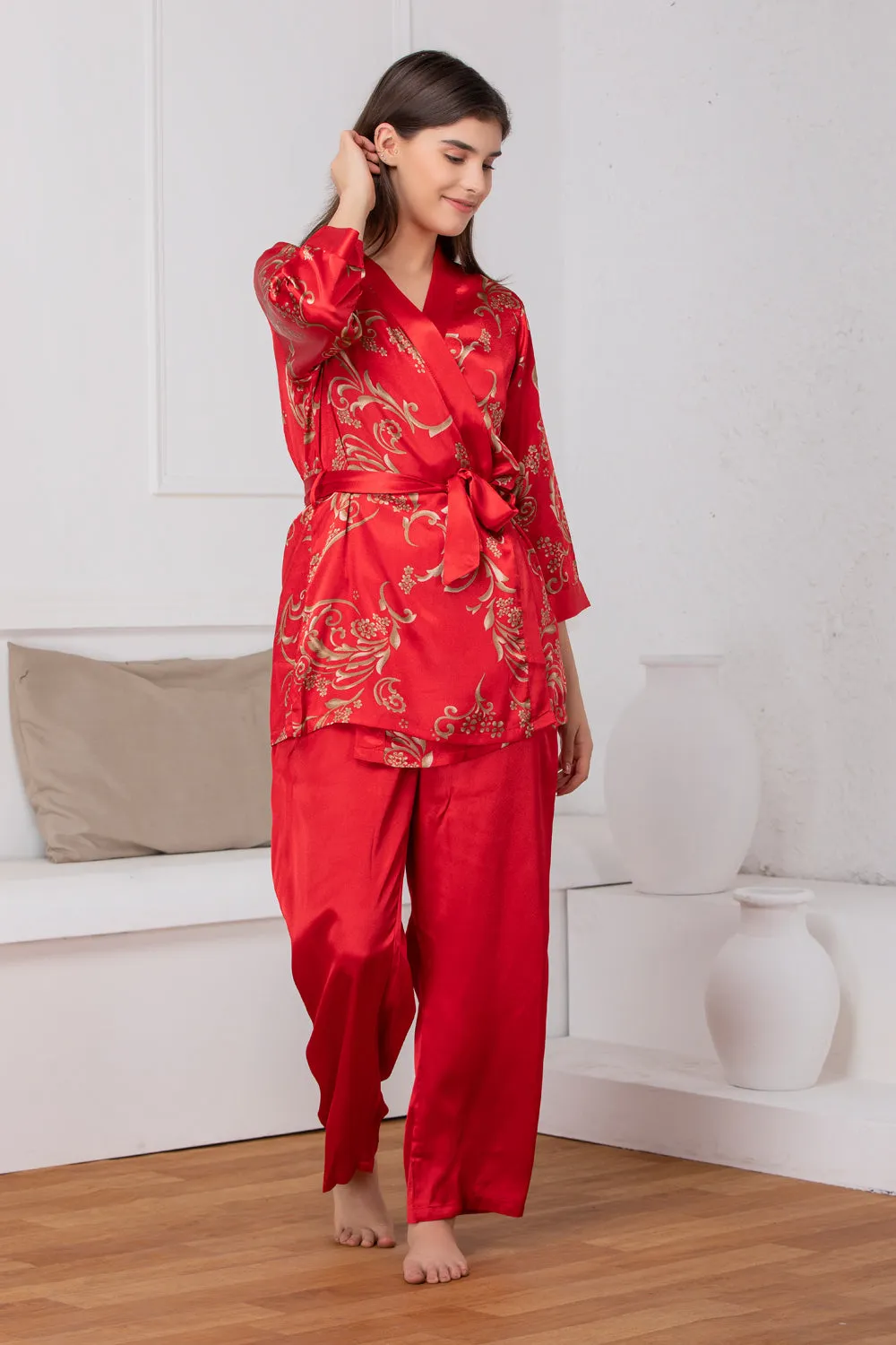 Bridal red satin Night suit with print robe