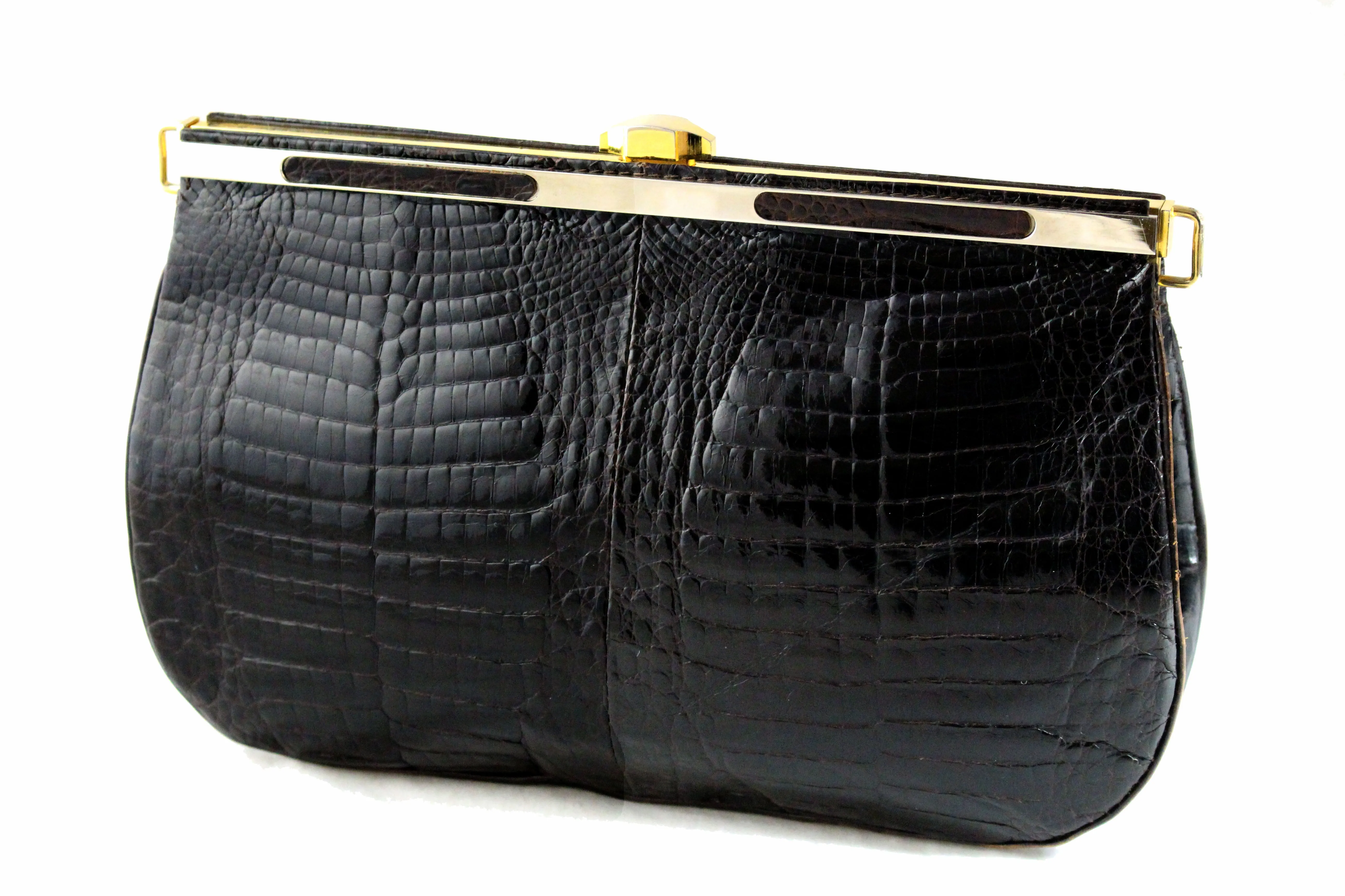 Brown baby crocodile skin frame clutch