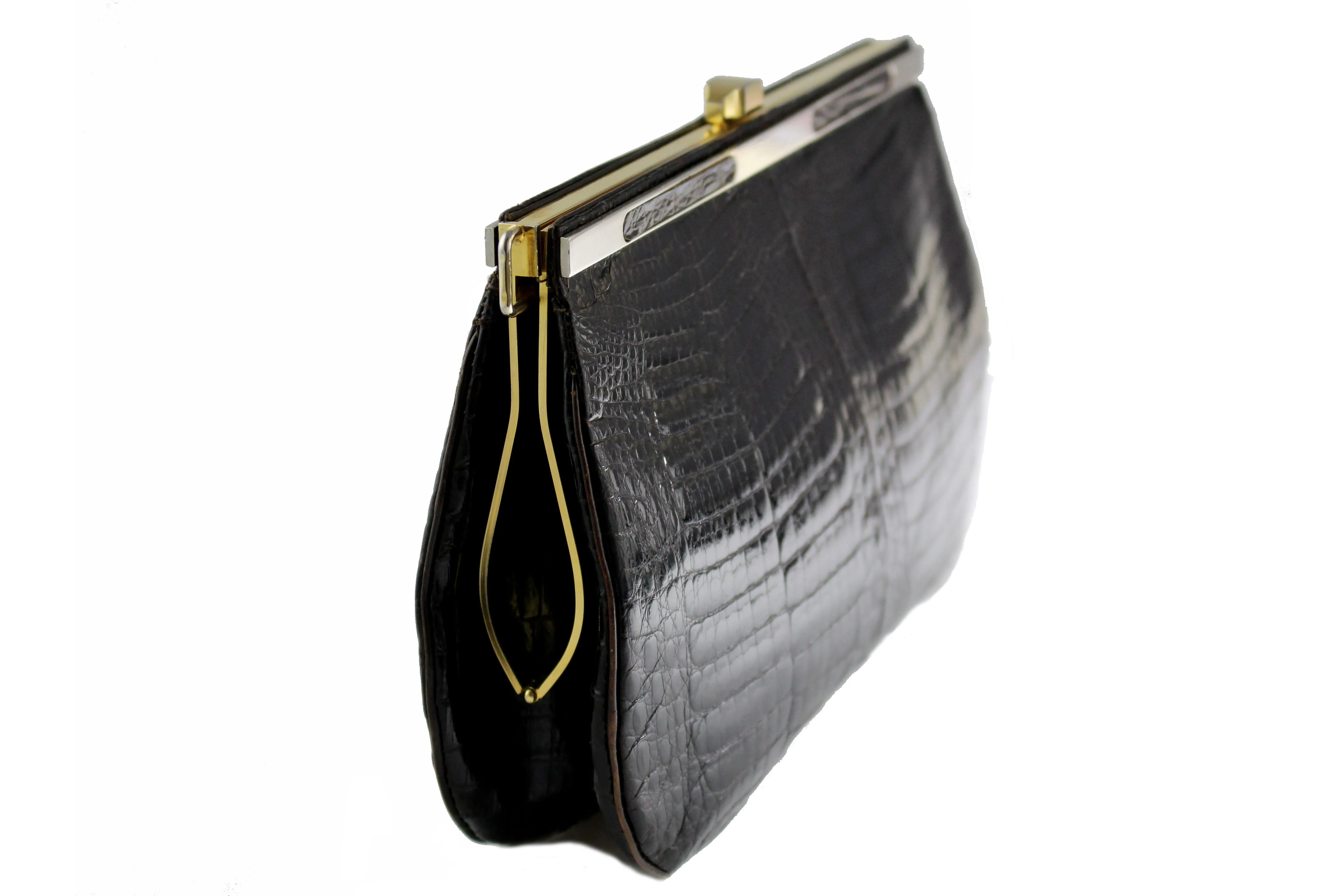 Brown baby crocodile skin frame clutch