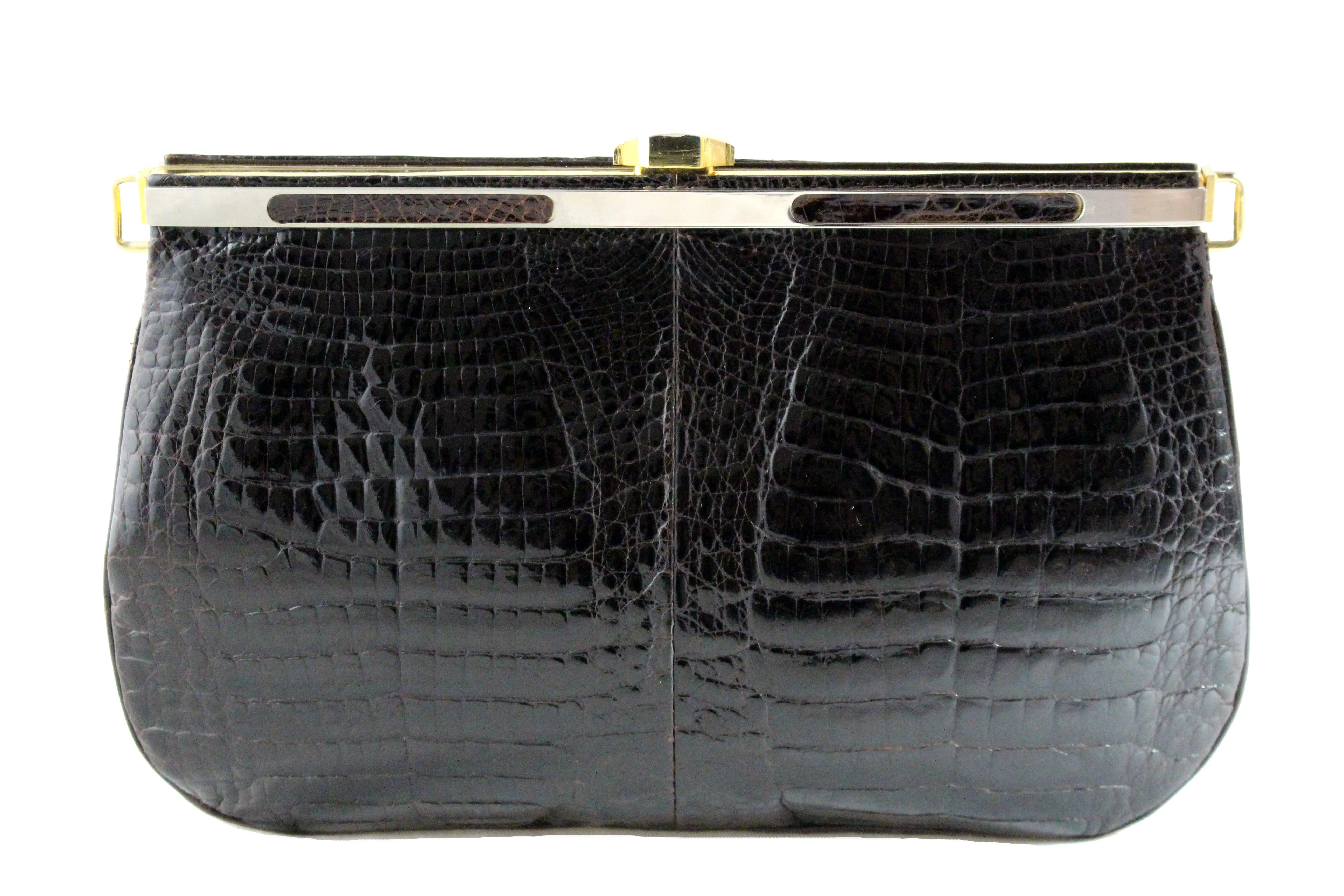 Brown baby crocodile skin frame clutch