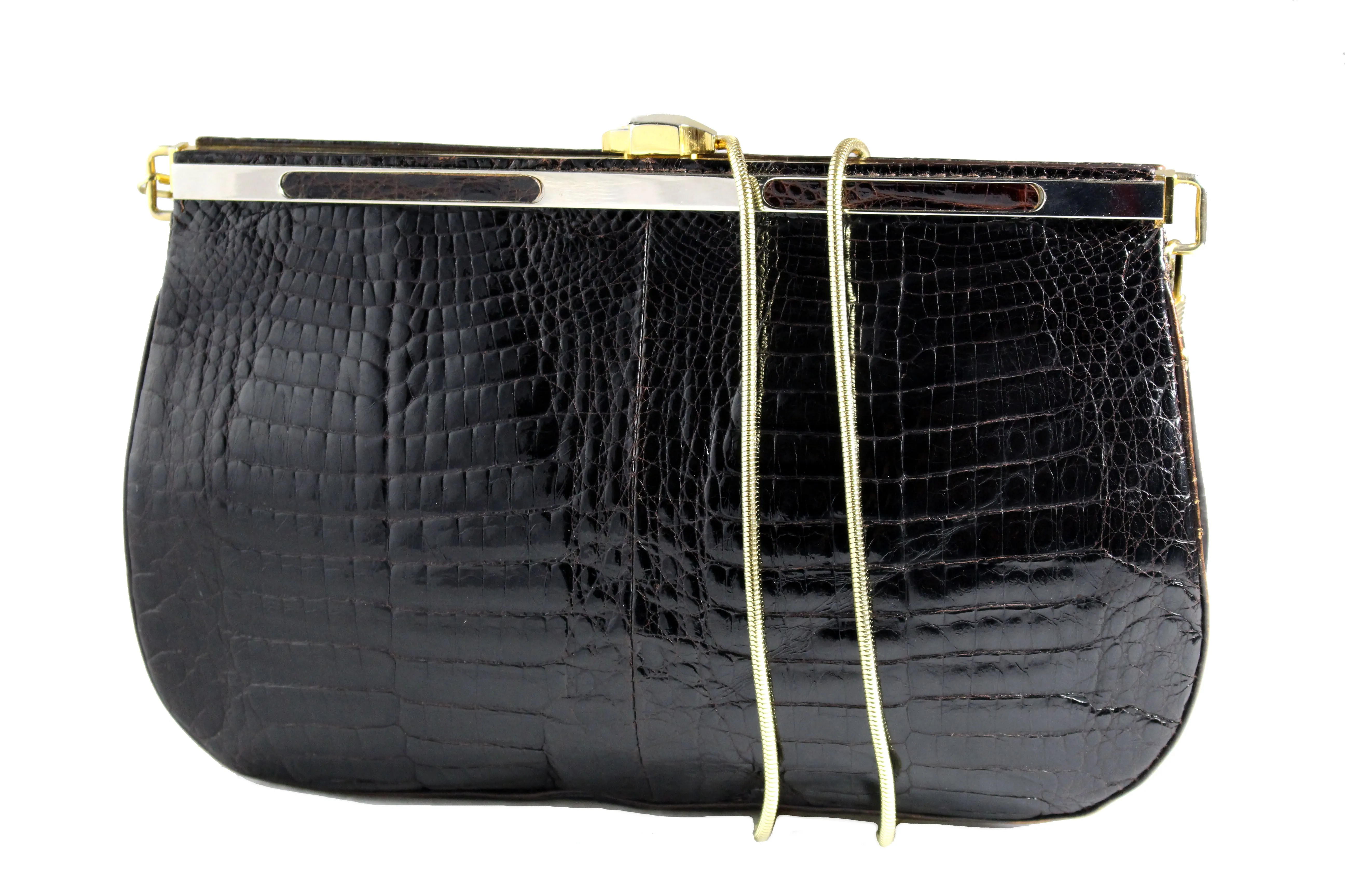 Brown baby crocodile skin frame clutch