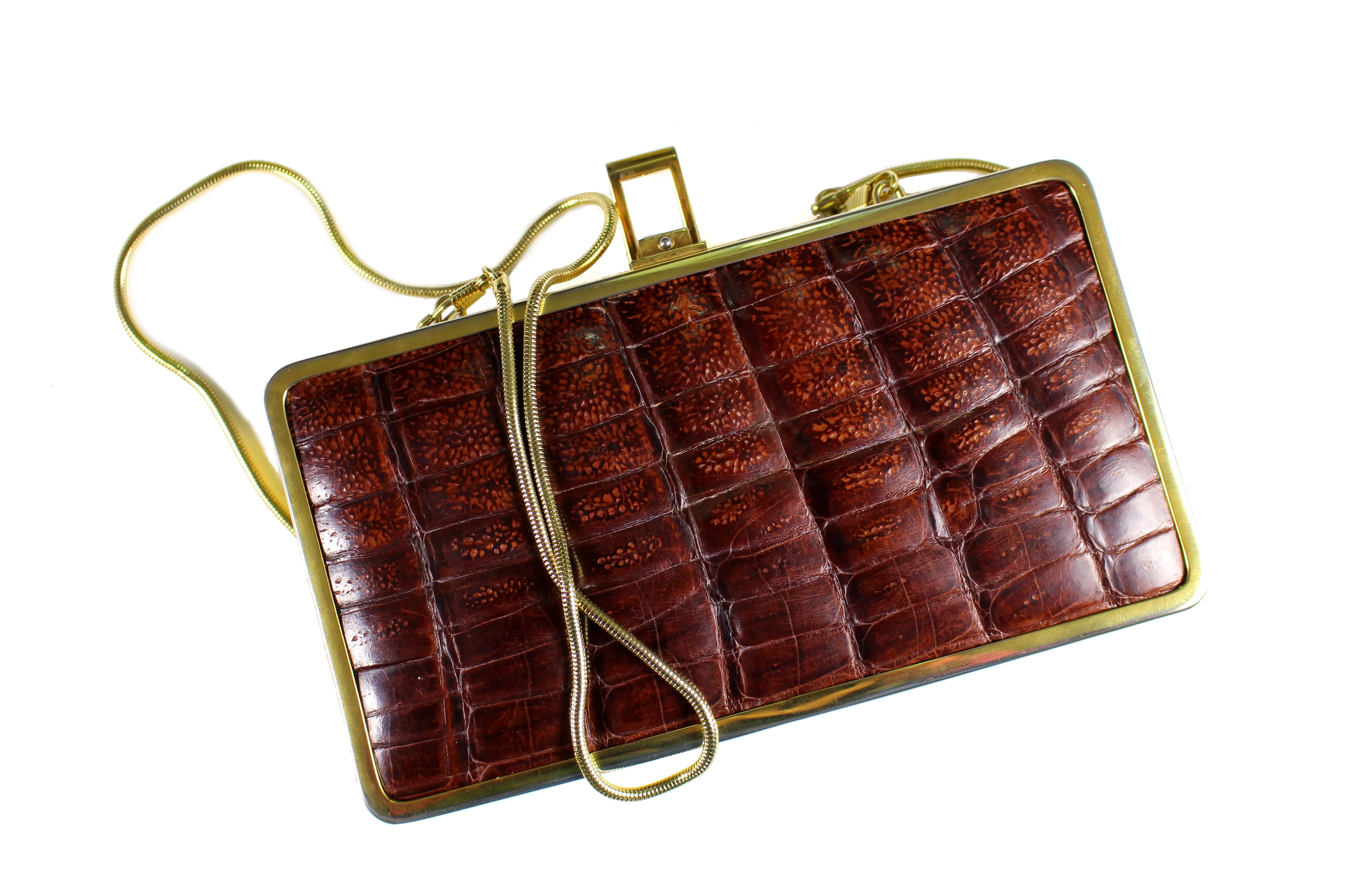 Brown crocodile skin clutch rectangular frame