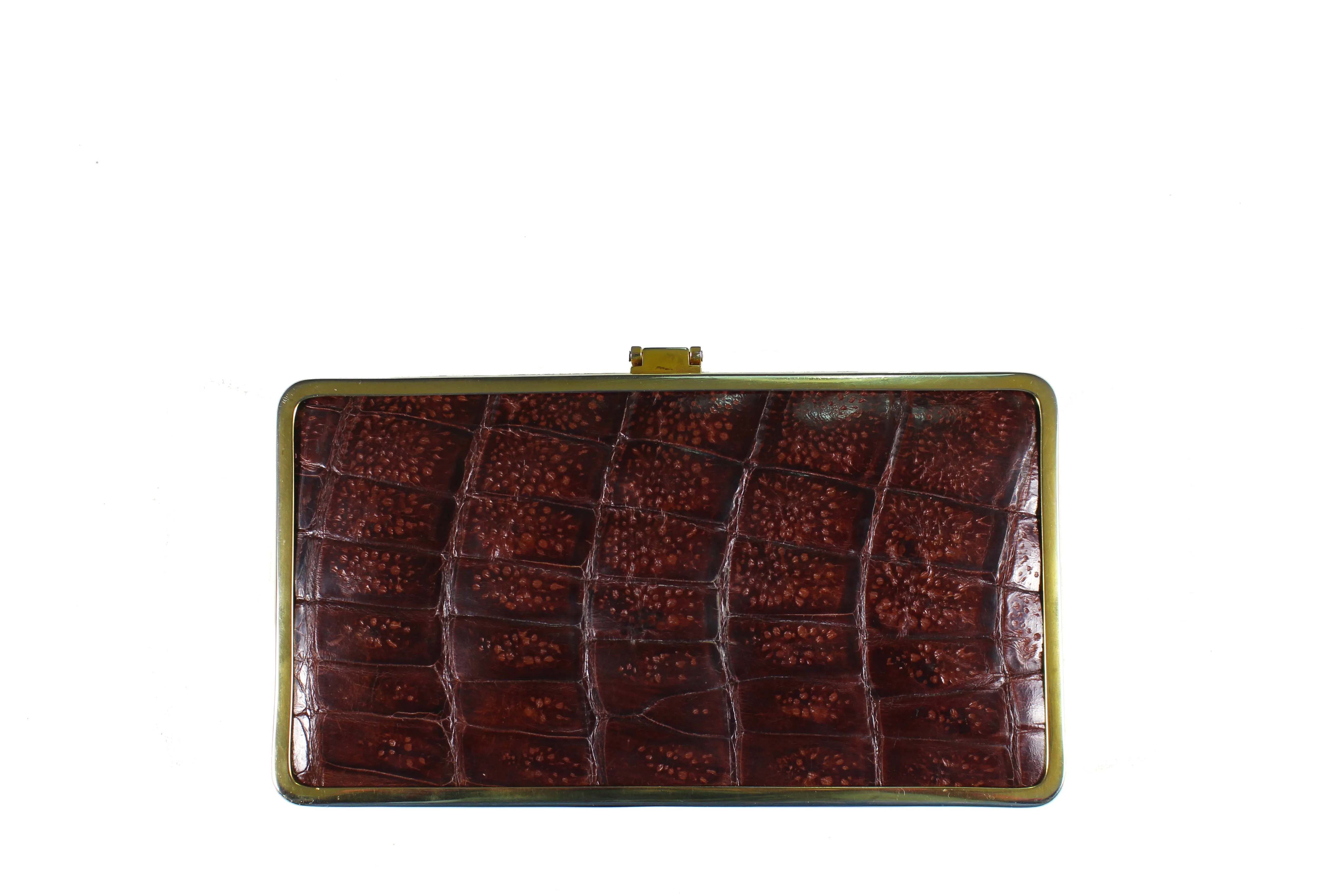 Brown crocodile skin clutch rectangular frame