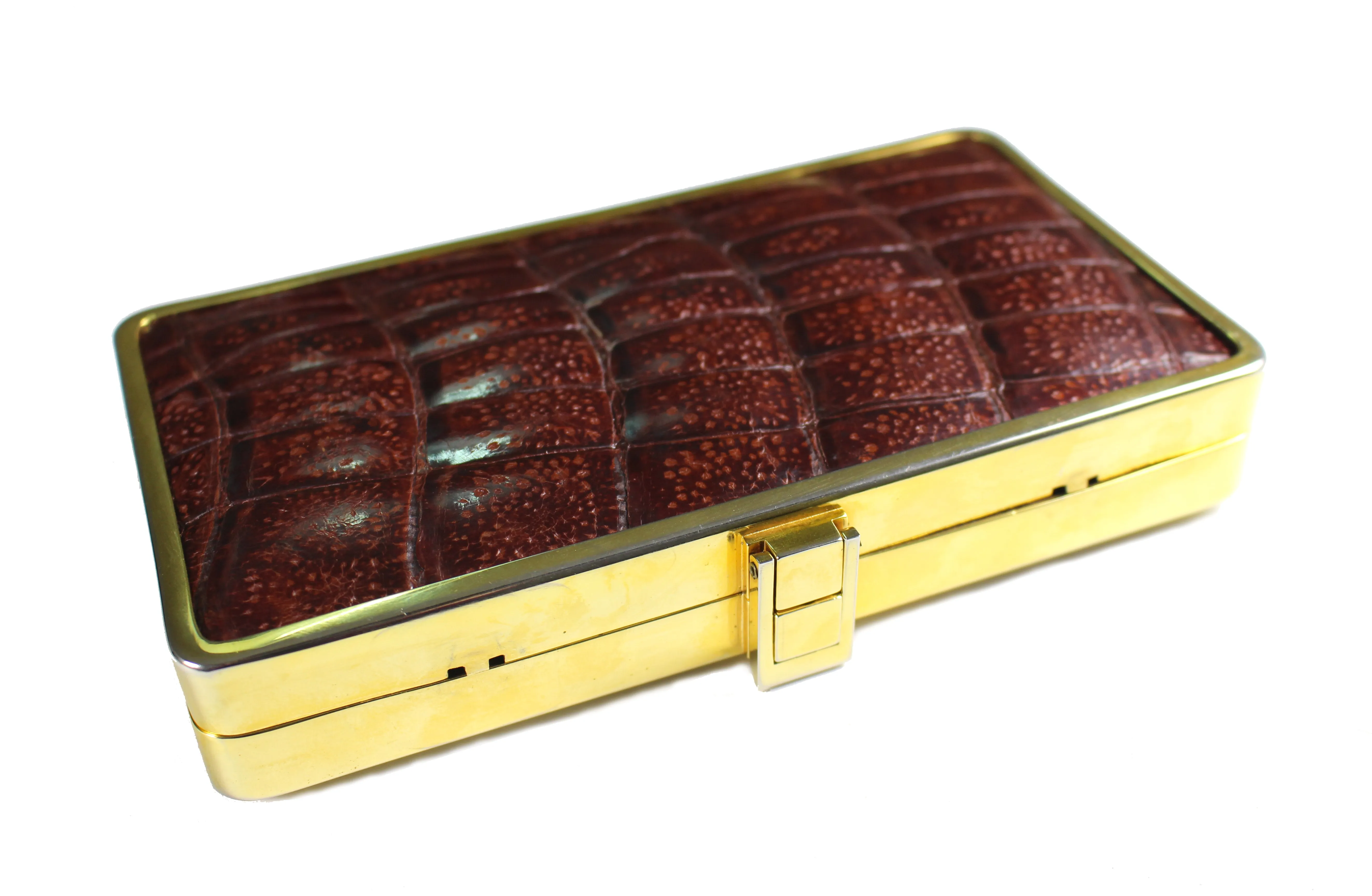 Brown crocodile skin clutch rectangular frame