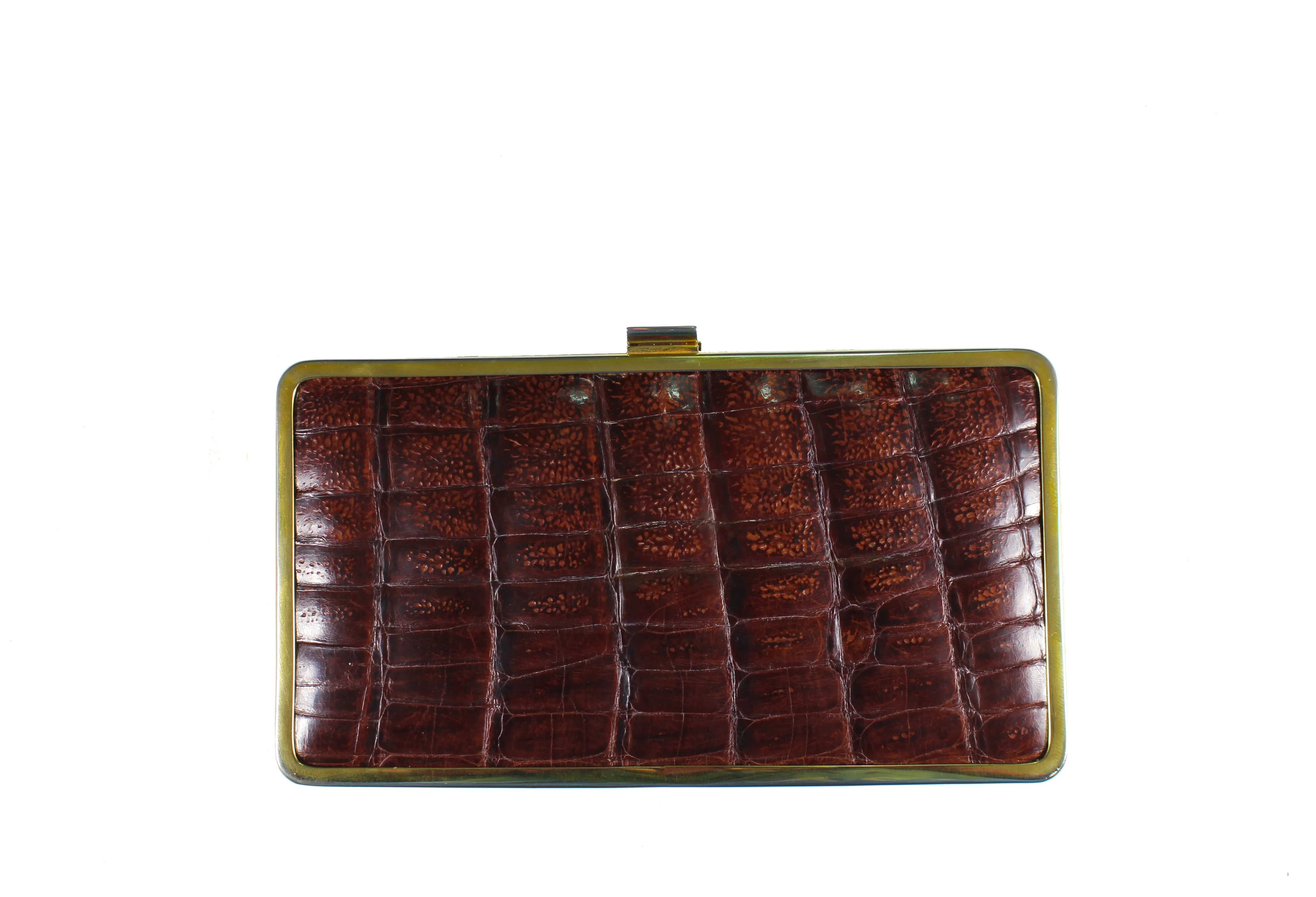 Brown crocodile skin clutch rectangular frame