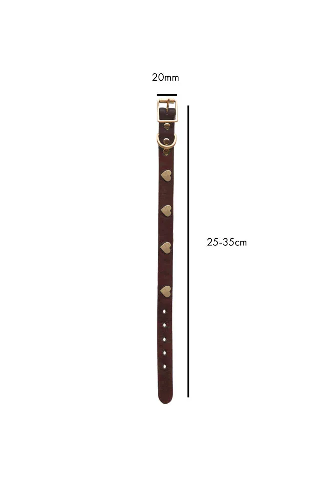 Brown Leather Dog Collar With Hearts - 5 Available Sizes