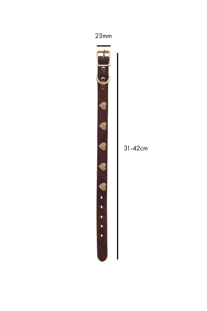 Brown Leather Dog Collar With Hearts - 5 Available Sizes