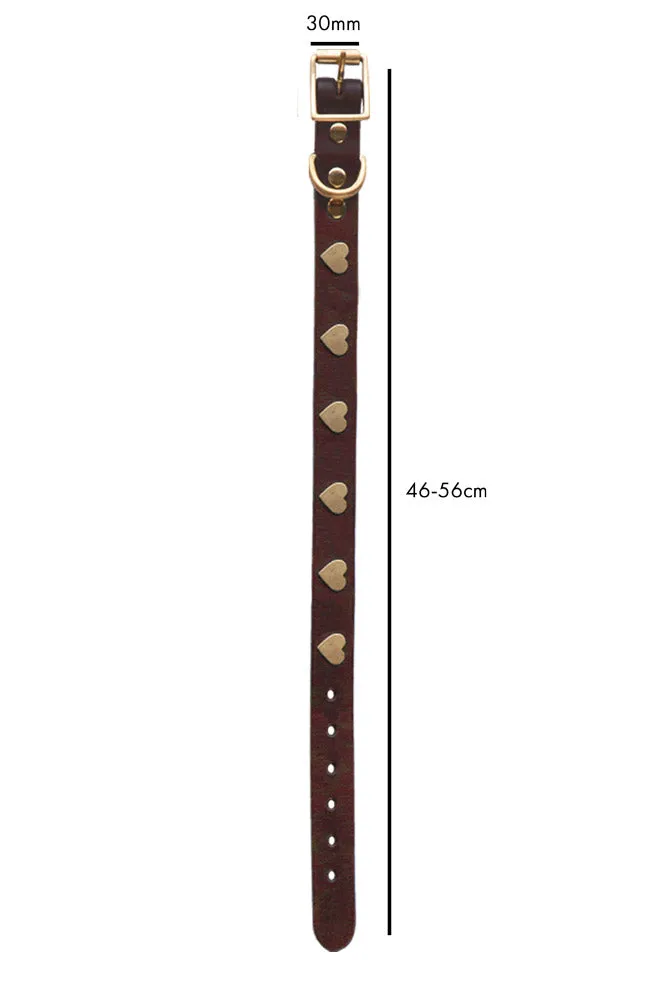 Brown Leather Dog Collar With Hearts - 5 Available Sizes